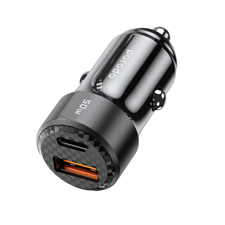 Porodo Car Charger PDCC50WBK - 50W Dual Port, Carbon Fiber Black