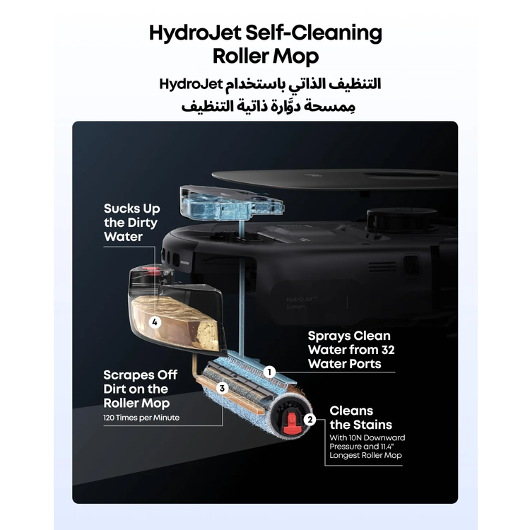 مكنسة eufy الروبوتية E25 Omni - HydroJet، بتفريغ ذاتي، باللون الأسود