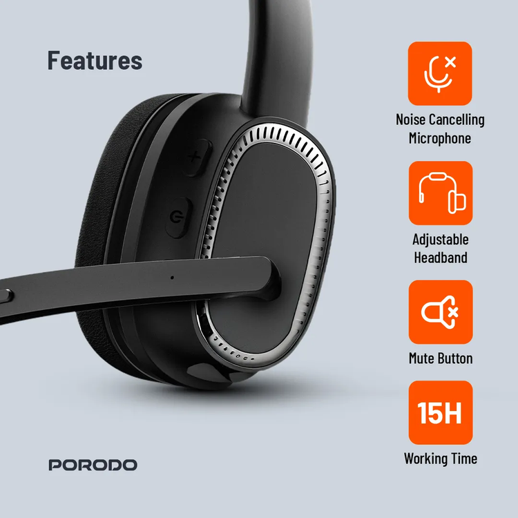 Porodo Wireless Work Headphone PDMHDMPBK - ENC, Black