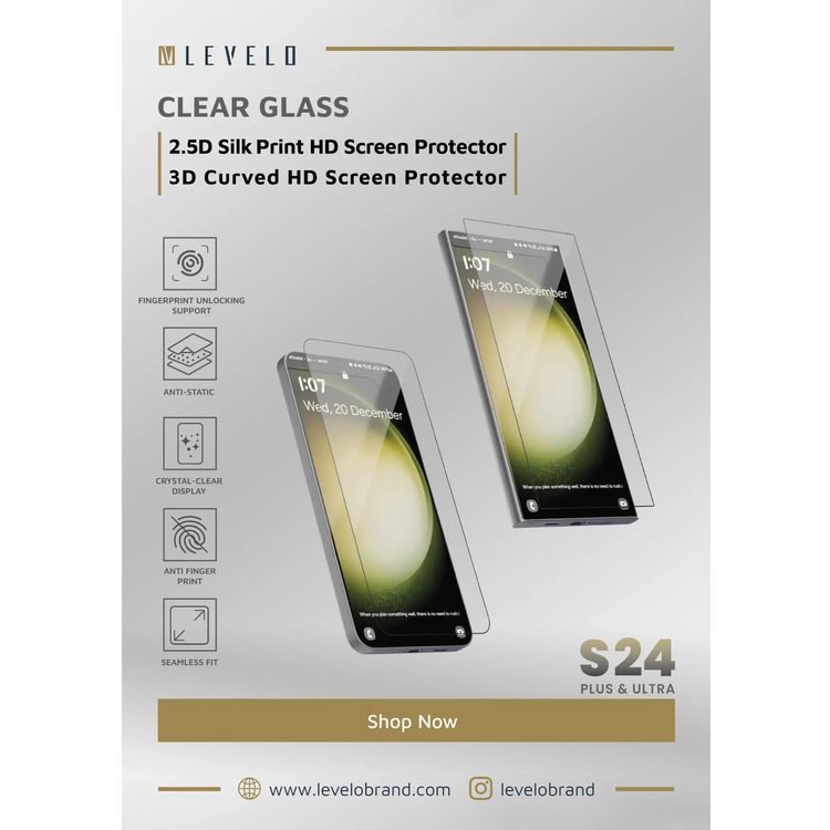 Levelo Screen Protector LVL25D24PCL - 2.5D Silk Print, Aluminum Glass for Samsung S24
