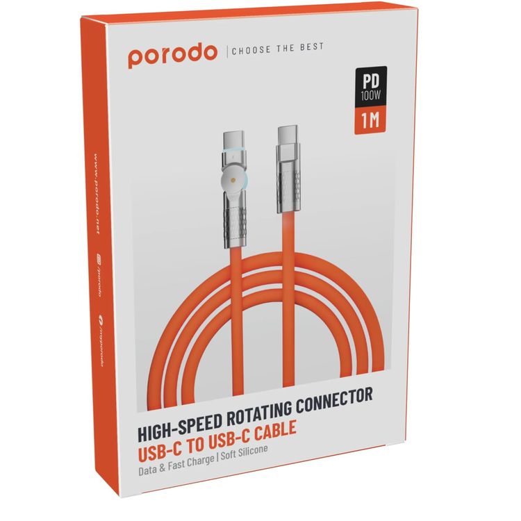 Porodo USB-C Cable PD-SHR100WC-OG - 100W PD Fast Charging, Orange