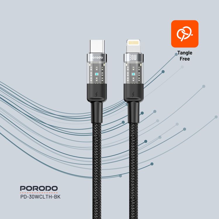 Porodo USB to Lightning Cable PD-30WCLTH-BK - 30W Fast Charging, 1.2M, Black