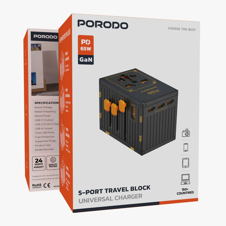 Porodo GaN Travel Charger PDFWCH038BK - 5-Port, Black