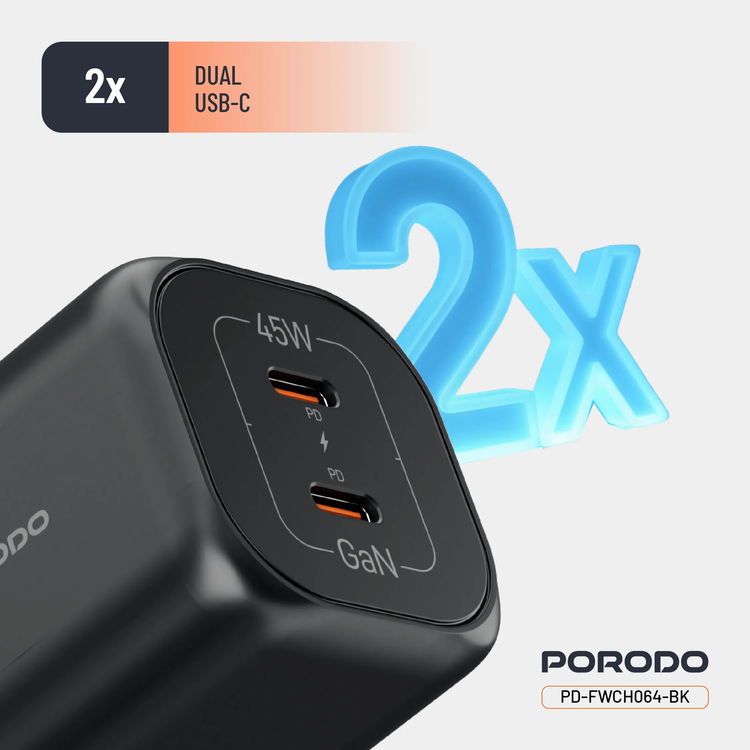 Porodo Dual USB-C Quick Charger PDFWCH064BK - 45W, Black