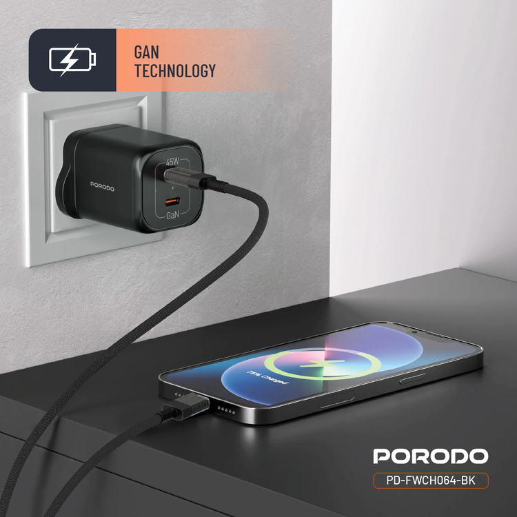 Porodo Dual USB-C Quick Charger PDFWCH064BK - 45W, Black