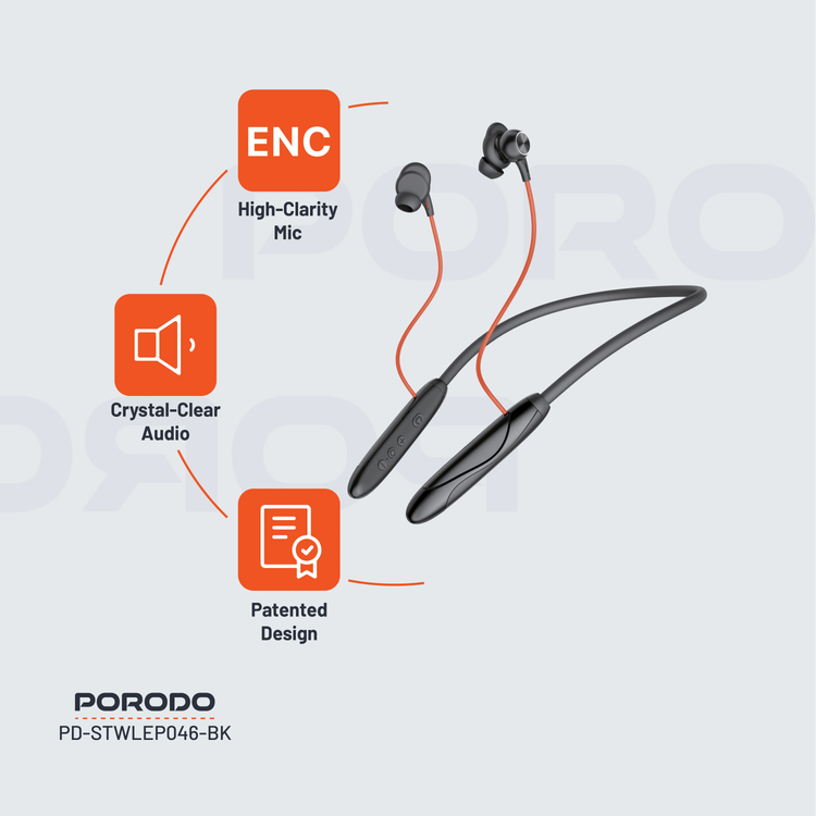 Porodo Neckband Earphones PDSTWLEP046BK - ENC, Bluetooth 5.3, Black