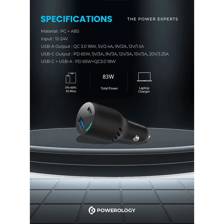 Powerology Car Charger PCCSR013 - 83W Dual Port, Black