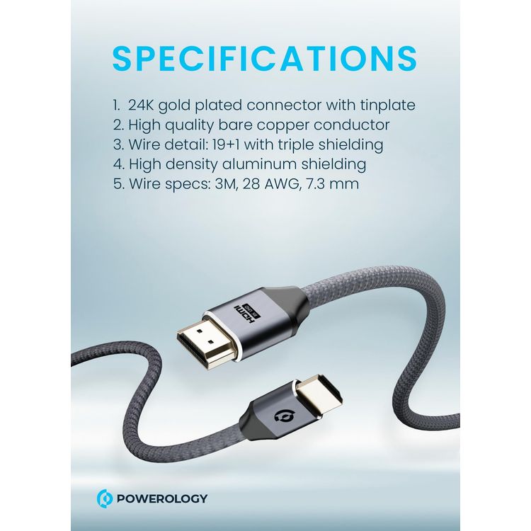 Powerology HDMI Cable PWHDC3M-GY - 8K, 3m, Gray