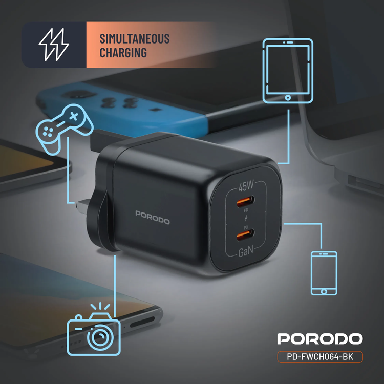 Porodo Dual USB-C Quick Charger PDFWCH064BK - 45W, Black