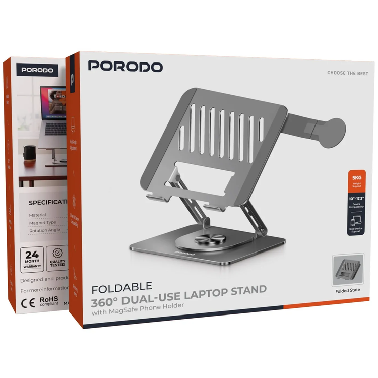 Porodo Laptop Stand PDLSM360DKGY - Foldable 360° Dual-Use, Gray