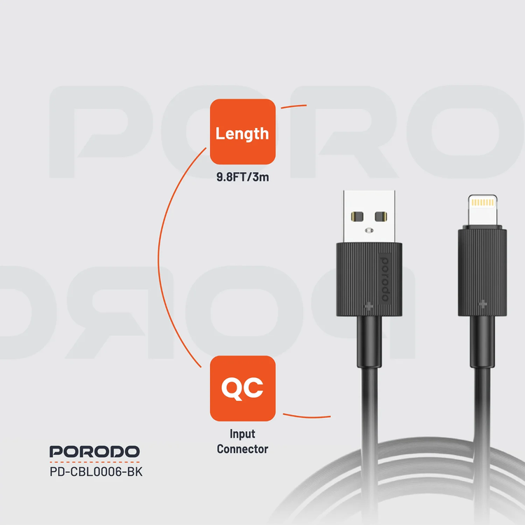 Porodo USB A to Lightning Cable 3m, PD-CBL0006-BK - Black