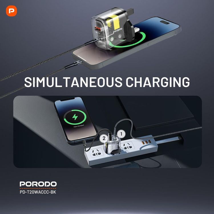 Porodo Quick Charger PD-T20WACCC-BK - Dual Output 20W+18W, Black