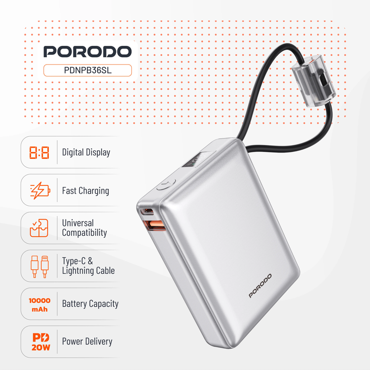 Porodo Power Bank Petite PDNPB36SL - 10000mAh, Type-C & Lightning, Silver