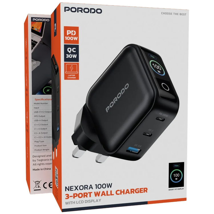 Porodo Charger Nexora PDWCP5010BK - 100W 3-Port GaN with LCD Display