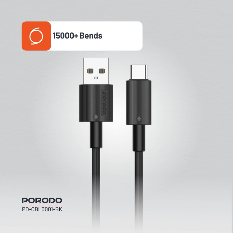 Porodo USB-A to Lightning Cable PDCBL0001BK - 3M, Fast Charging, Black