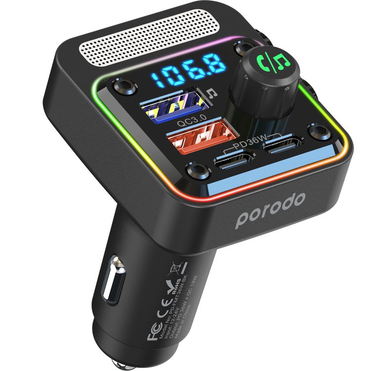 Porodo Car Charger FM Transmitter PD-FM42WBB-BK - 24W PD, QC 3.0, Bluetooth 5.1, Black