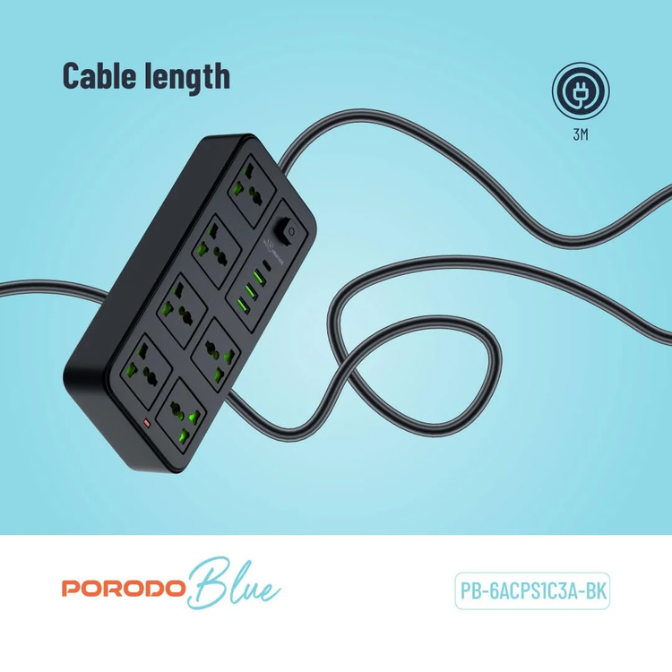 Porodo Power Strip PB6ACPS1C3ABK - 6 Sockets, 3 USB-A & 1 USB-C, Black