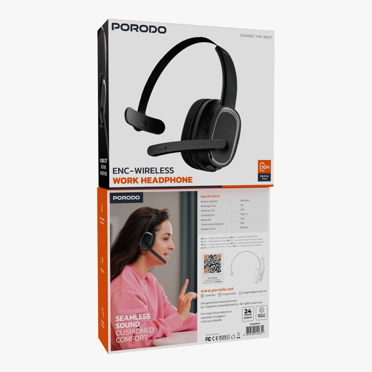 Porodo Wireless Work Headphone PDMHDMPBK - ENC, Black