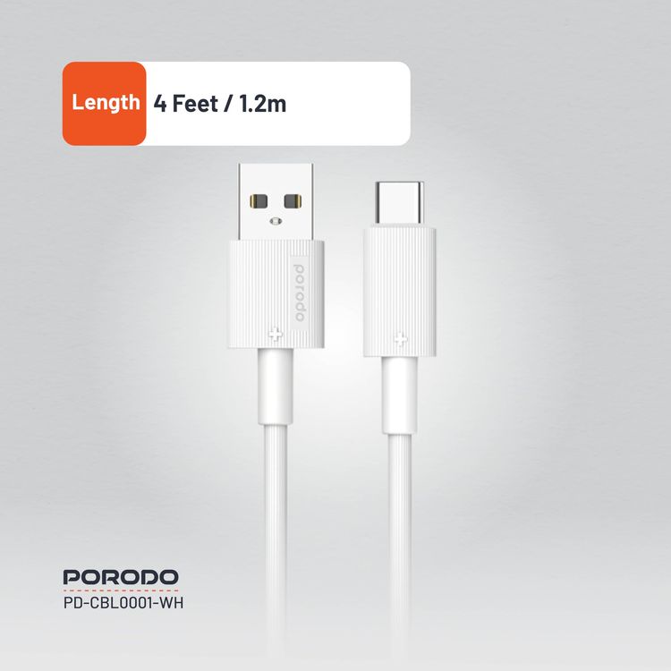 Porodo USB-A to Lightning Cable PDCBL0001WH - Fast Charging, White