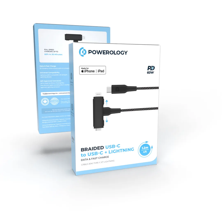 Powerology Cable PCAB007BK - Braided USB-C to USB-C + Lightning 1.2m, Black