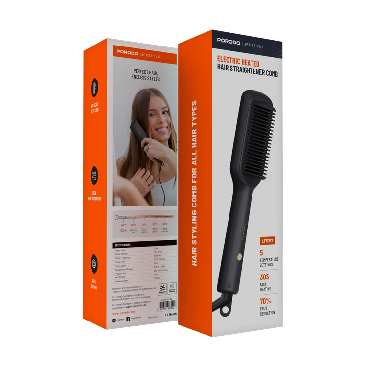 Porodo Heated Hair Straightener Comb PD-LFST167-BK - 33W, 5 Settings, Black