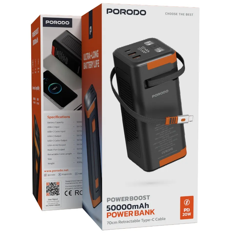Porodo Power Bank PDPBFCH093BK - 50000mAh, Retractable Type-C, Black