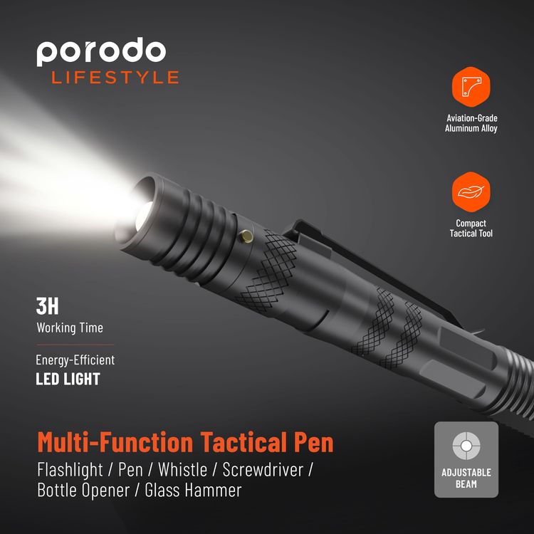 Porodo Flashlight PD-LS91PNFL - 6in1 Tactical, Black/Gray