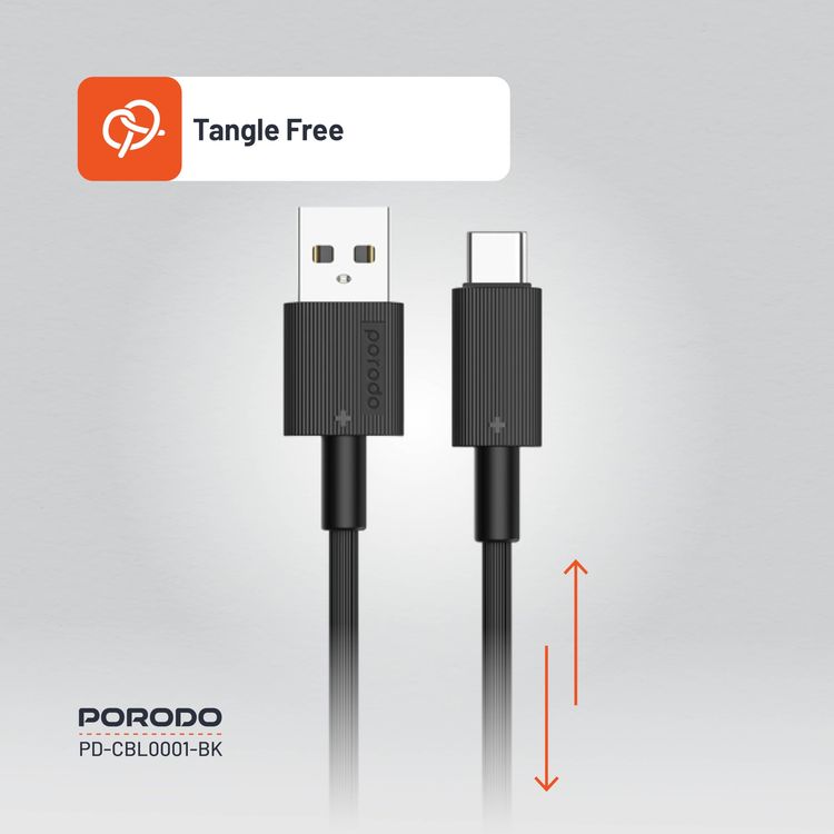 Porodo USB-A to Lightning Cable PDCBL0001BK - 3M, Fast Charging, Black