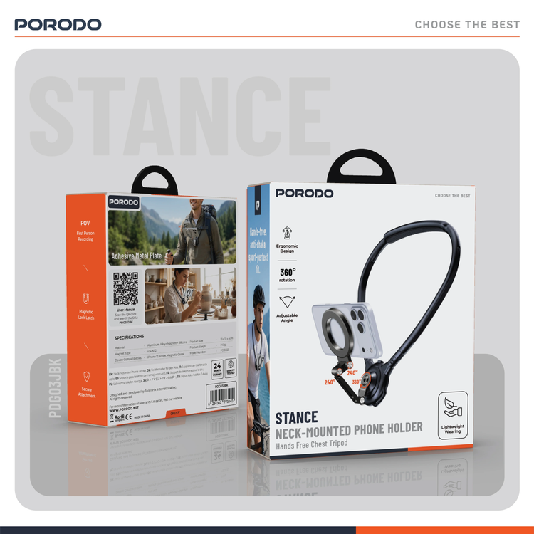 Porodo Neck & Chest Phone Holder PDG03JBK - Magnetic Lock, 360° Rotation, Black