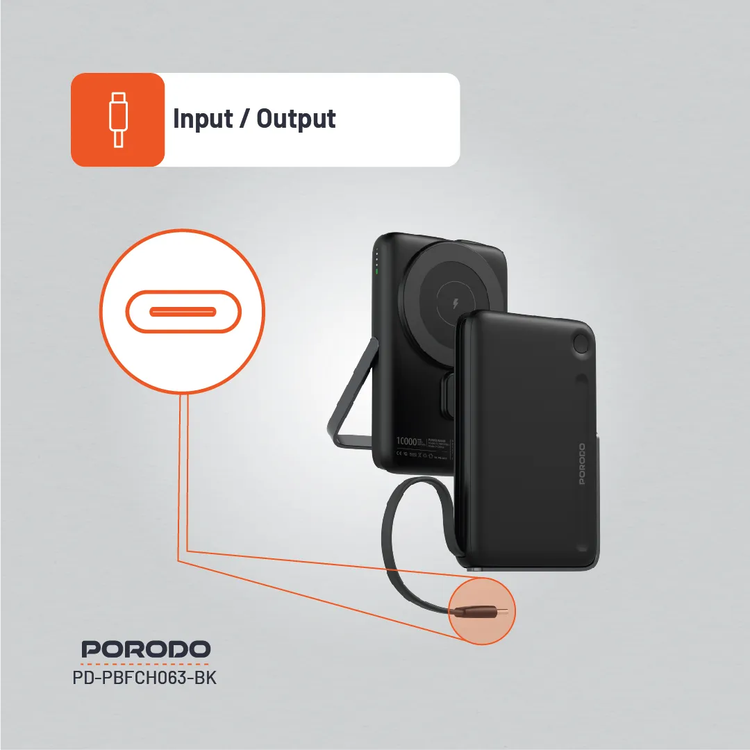 Porodo Power Bank PDPBFCH065BK 10000mAh with Type-C Stand - Black