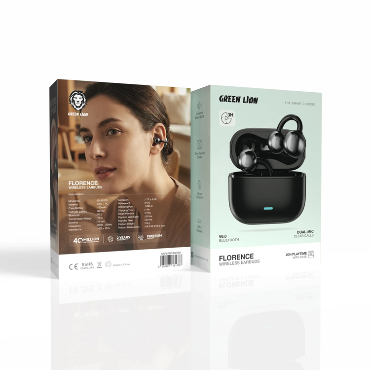 Green Lion Florence Wireless Earbuds GL-BUD3 - Bluetooth 6.0, Black