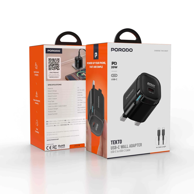 Porodo USB-C Wall Adapter PDFWCH112CCBK - 20W PD, Black