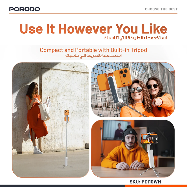 Porodo Selfie Stick with Tripod PDI10WH - White