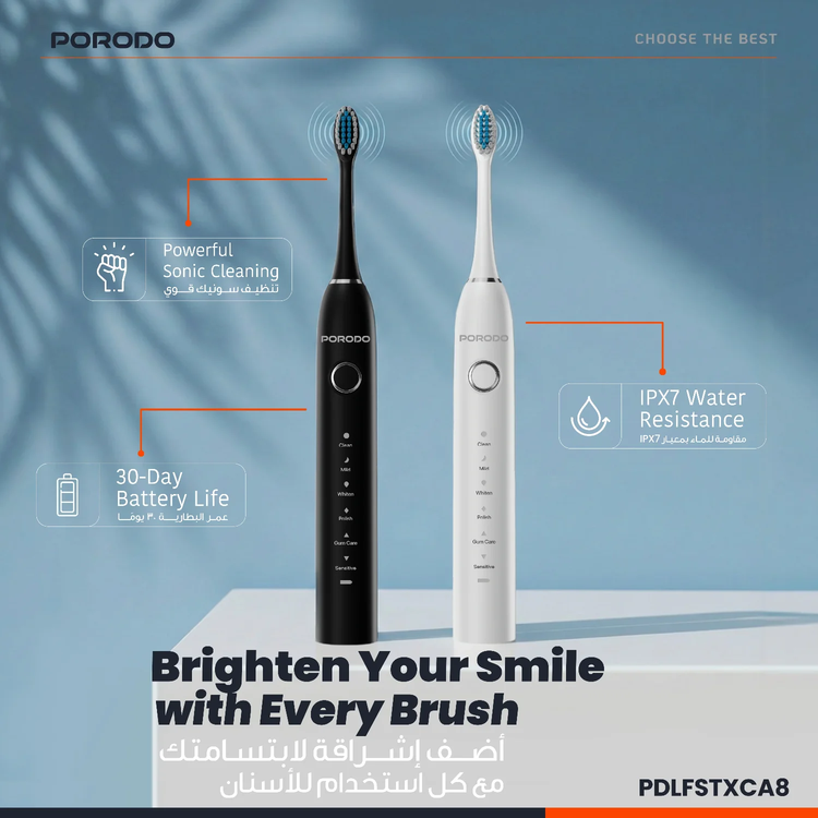 Porodo Electric Toothbrush PDLFSTXCA8WH - Smart Sonic, White