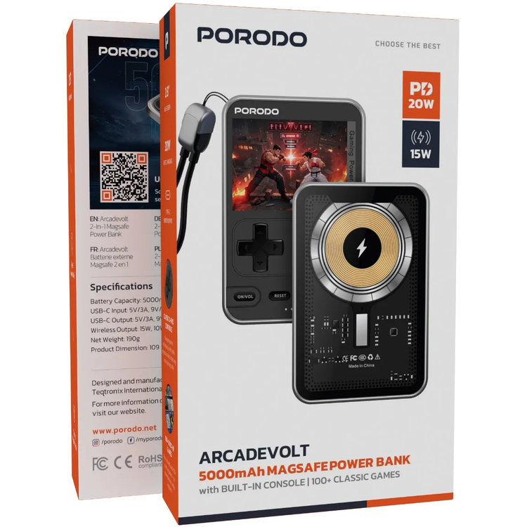 Porodo Power Bank Arcadevolt PBPBXH003BK - 5000mAh MagSafe, Black