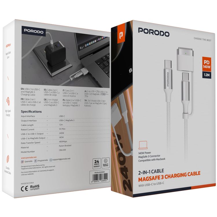 Porodo Charging Cable PDCBL0034BK - 4-in-1 Braided, 1M, Black