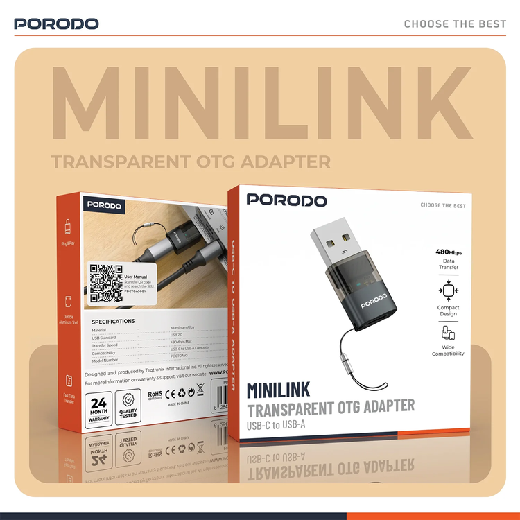 Porodo MiniLink USB-C to USB-A OTG Adapter PDCTOA50 - Grey
