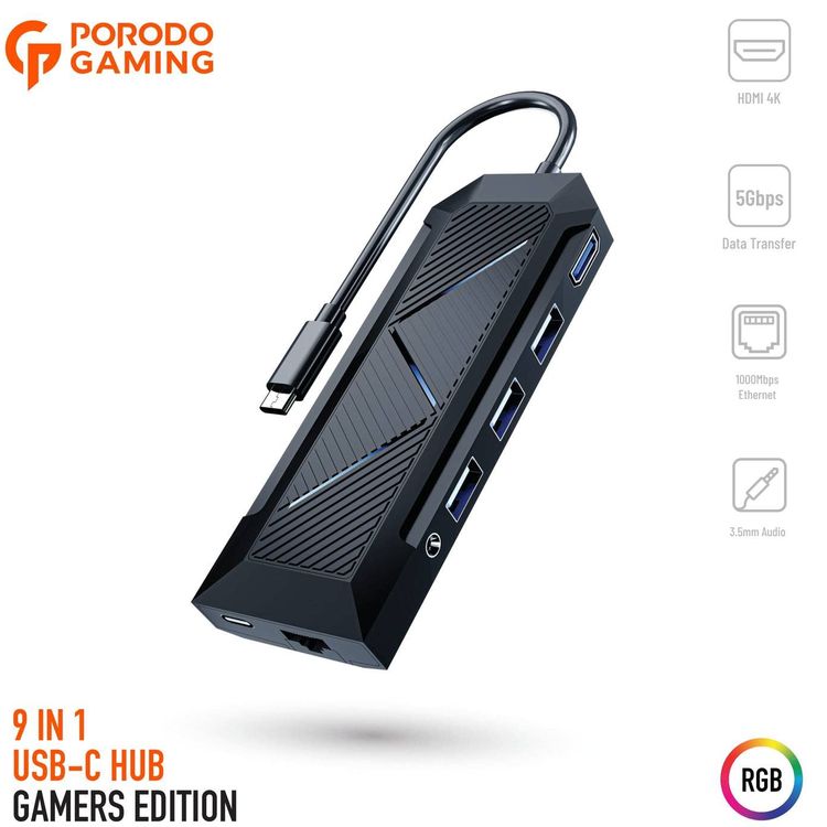 Porodo USB-C Hub PDX520-BK - 9-in-1, 100W PD, RGB, Black