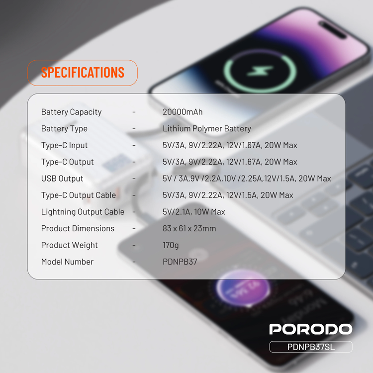 Porodo Power Bank Petite PDNPB37SL - 20000mAh, Type-C & Lightning, Silver