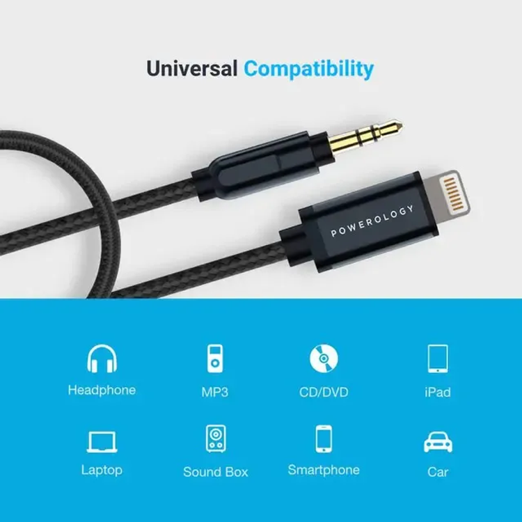 Powerology Audio Cable P12LAUGY - Lightning to 3.5mm AUX, Black
