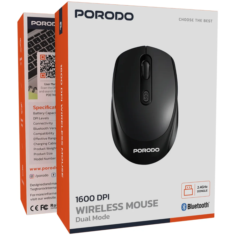 Porodo Wireless Mouse PDETK04BK - Bluetooth 5.4, Black