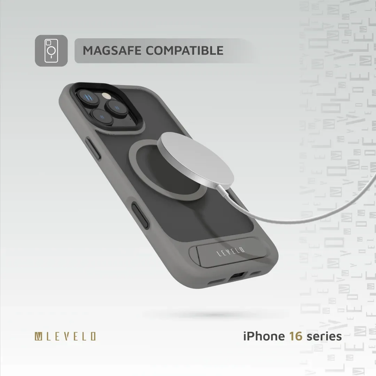LEVELO Matteo Case iPhone 16 Pro- Bottom Stand Grip, Grey