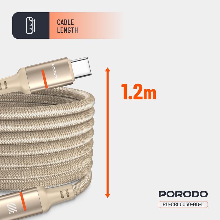 Porodo Magnetic Braided Cable PD-CBL0030-GD-L - 30W PD, Type-C to Lightning, Gold
