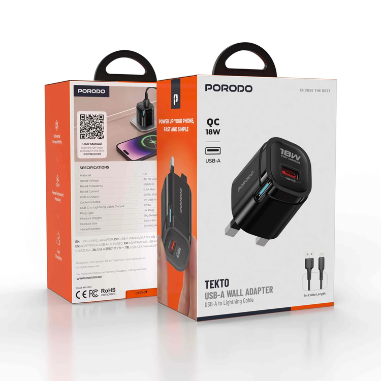 Porodo USB-A Wall Adapter PDFWCH109BK - 18W QC, Black, with Lightning Cable