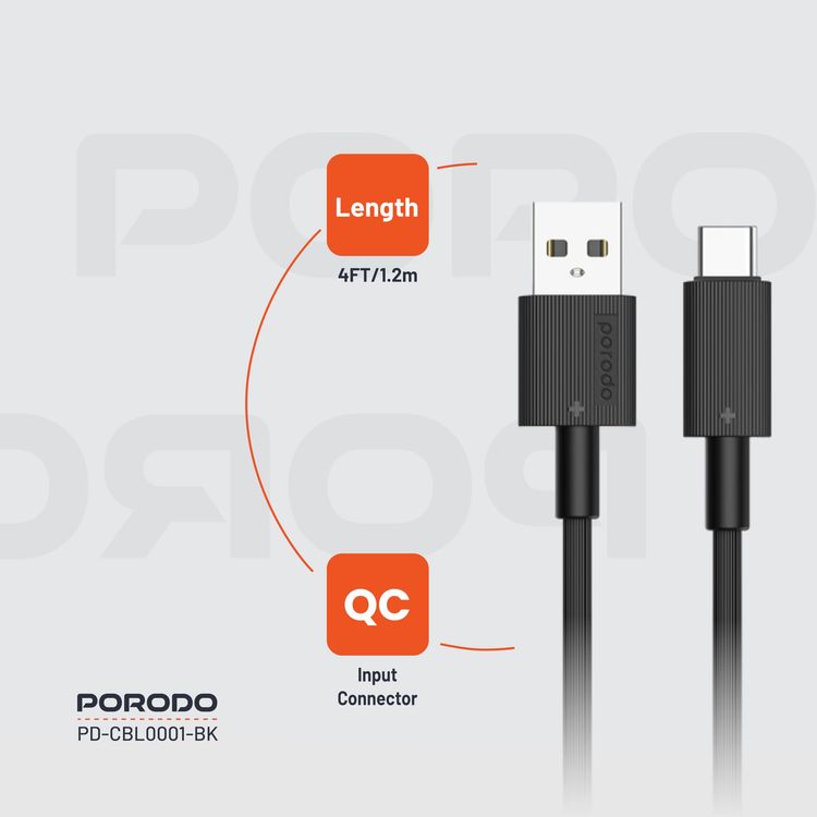 Porodo USB-A to Lightning Cable PDCBL0001BK - 3M, Fast Charging, Black