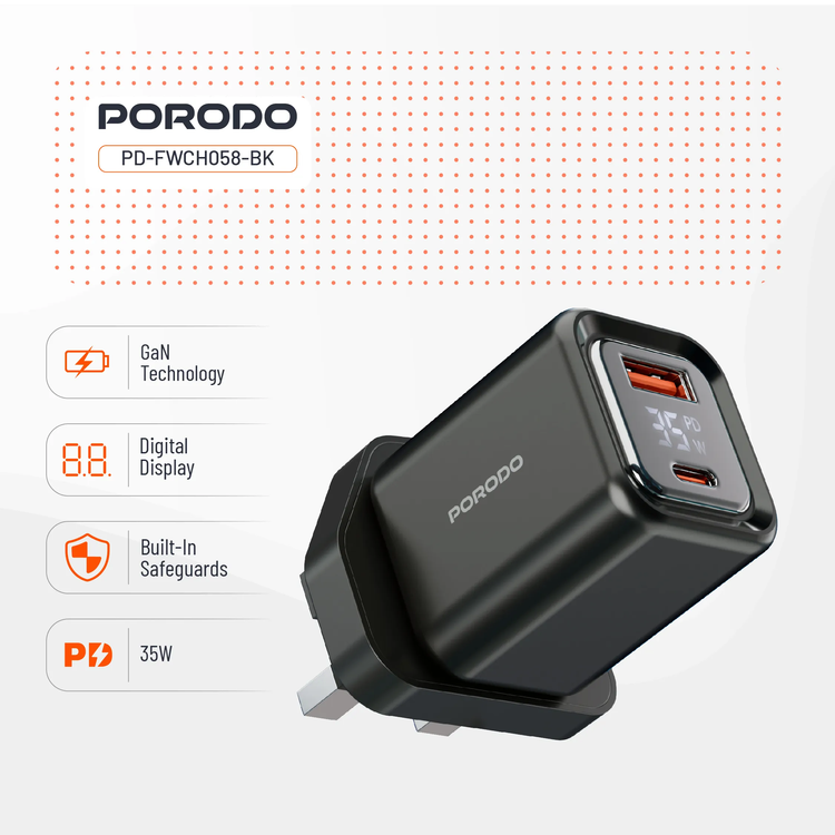 Porodo Dual-Port Quick Charger PD-FWCH058-BK - Digital Display, Black