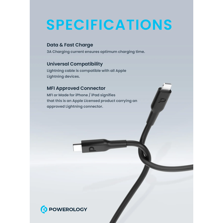 Powerology USB-C to Lightning PD Cable P3BCLBK - 3m, Black