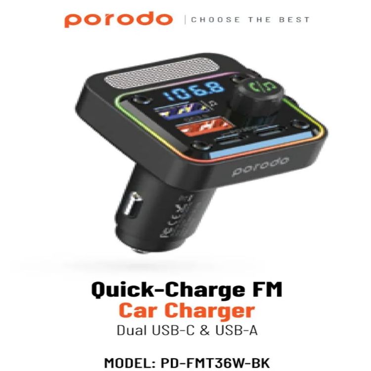 Porodo Car Charger FM Transmitter PD-FM42WBB-BK - 24W PD, QC 3.0, Bluetooth 5.1, Black