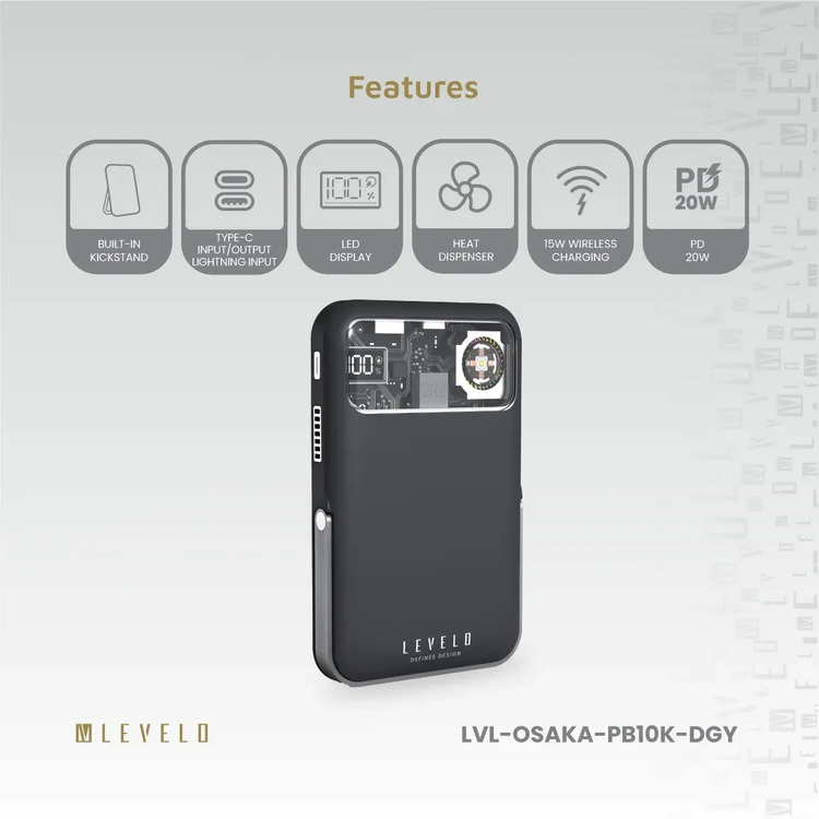 LEVELO Power Bank Osaka LVLOSAKAPB10KDGY - 10000mAh PD 20W, Wireless, Dark Grey