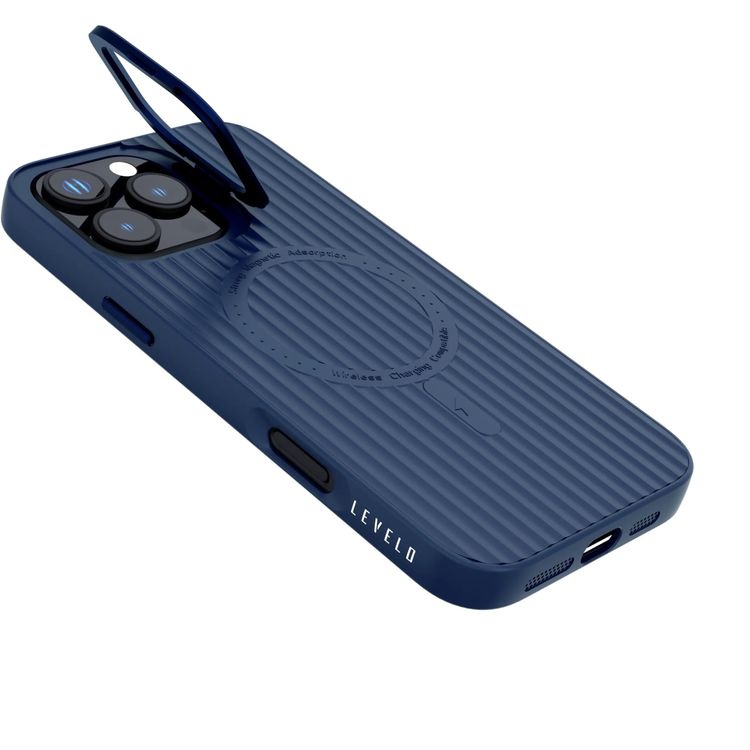Levelo غطاء سيليكون TPU آيفون 16 برو - ماجسيف، حامل معدني، أزرق
